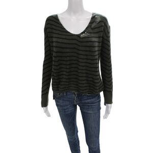 R+A Women Cashmere Pullover V-Neck Striped Long Sleeve Green Grunge Size S